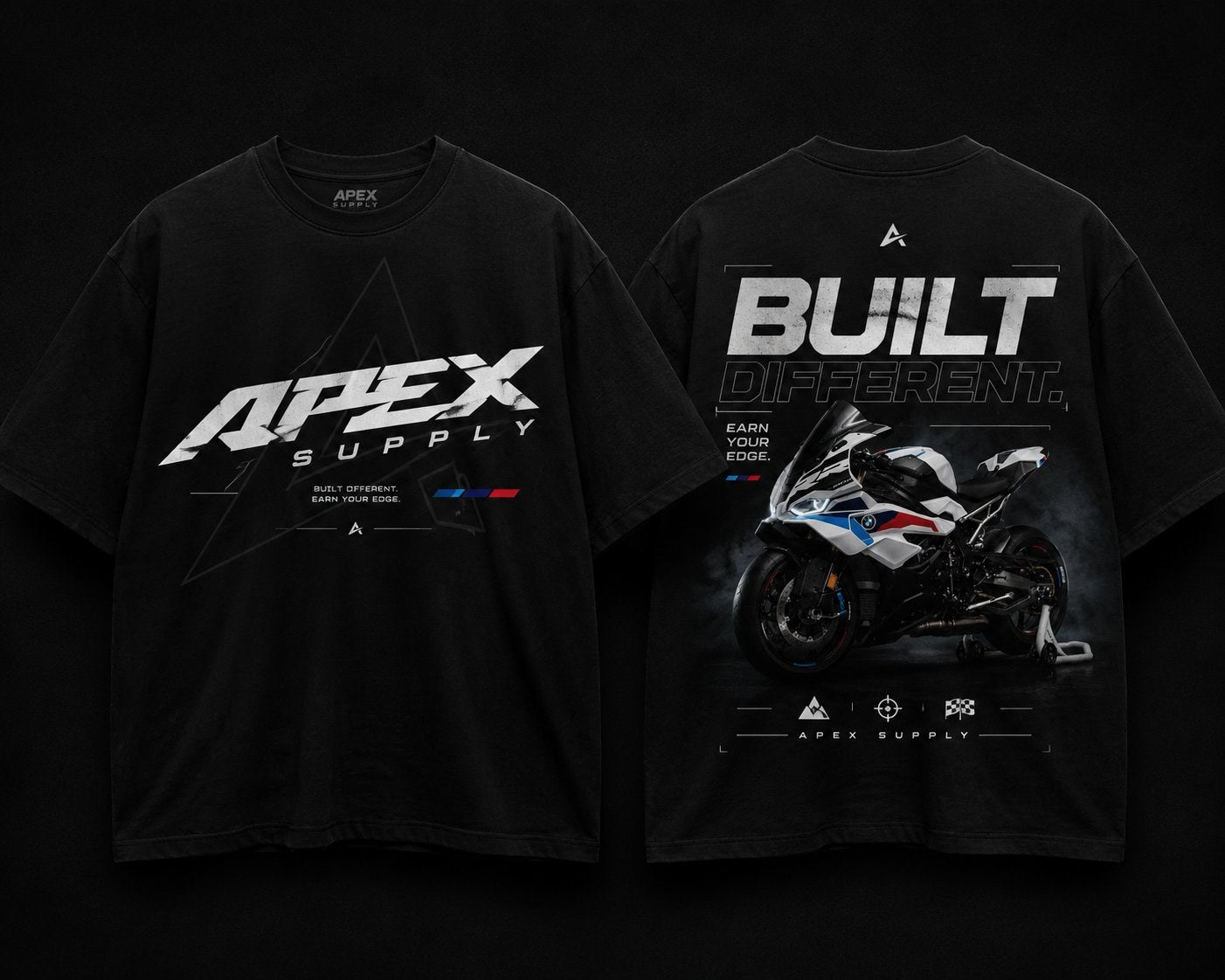 Apex Supply Built Different tee — front and back